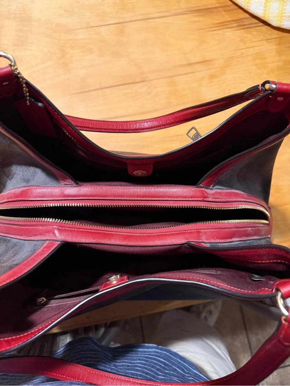 Coach Signature Hobo Bag in Brown with Red Trim